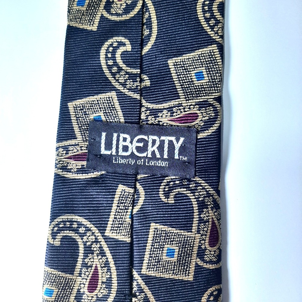 Liberty of London Mens Silk Tie Navy Blue Gold Paisley Geometric Made in USA - Picture 4 of 7